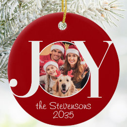 Joy Family Photo Red Christmas Ceramic Ornament