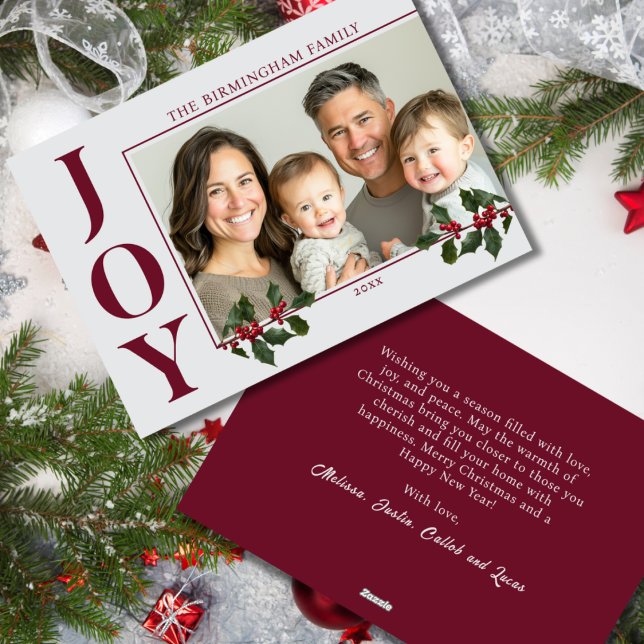 JOY Family Photo Red Flat Holiday Card (Creator Uploaded)