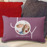 Joy Family Purple Photo Lumbar Cushion<br><div class="desc">This stylish Photo Pillow is decorated with the word JOY in white modern typography on a purple background.
Easily customisable with your photo and name.
Makes a great family keepsake.</div>