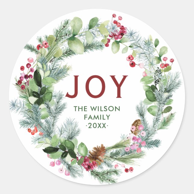 Joy - Festive Christmas Wreath Family Name  Classic Round Sticker (Front)