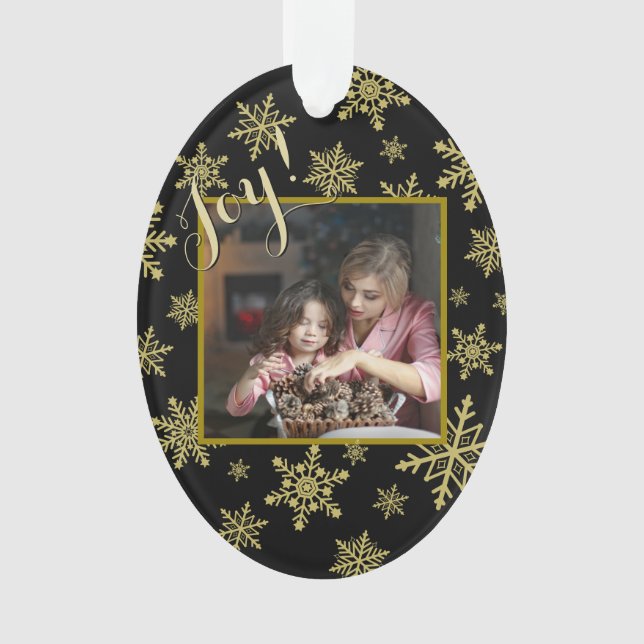 Joy! Festive Gold & Black Elegant Christmas Photo Ornament (Front)