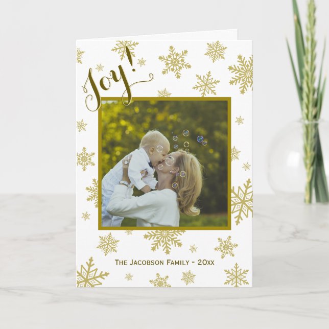 Joy Festive Gold Snowflakes on White Non-Specific Holiday Card (Front)