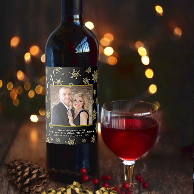 Joy! Festive Gold Snowflakes & Photo Holiday Wine Label (In Situ with Glass)