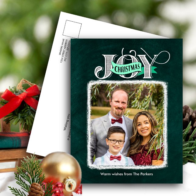 JOY Festive Green Modern Script Christmas Photo Holiday Postcard (Creator Uploaded)