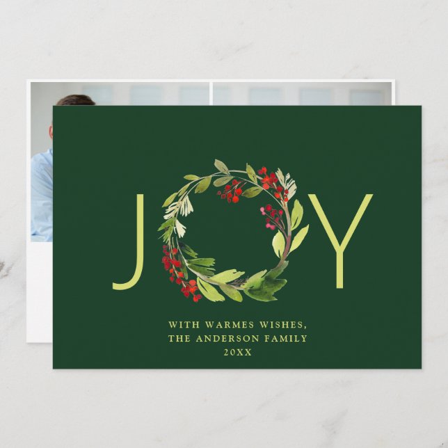 JOY Festive Holly Berry Wreath Christmas 2 Photo Holiday Card (Front/Back)