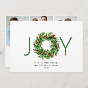 JOY Festive Holly Berry Wreath Christmas 3 Photo Holiday Card