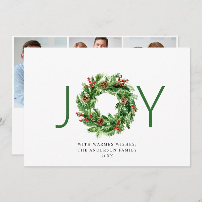 JOY Festive Holly Berry Wreath Christmas 3 Photo Holiday Card (Front/Back)