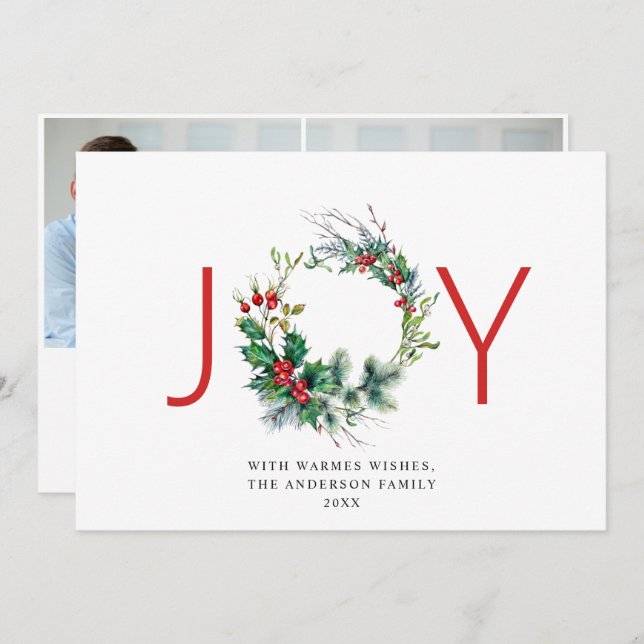 JOY Festive Holly Berry Wreath Christmas Greeting Holiday Card (Front/Back)