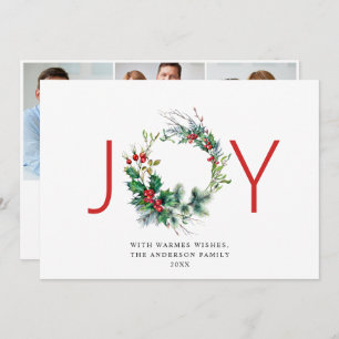 JOY Festive Holly Berry Wreath Christmas Greeting Holiday Card