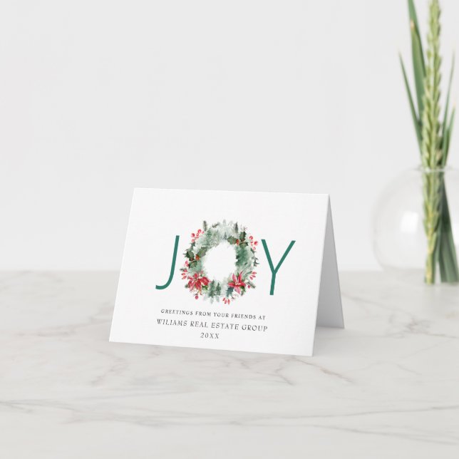 JOY Festive Holly Berry Wreath Christmas Greeting Holiday Card (Front)