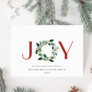 JOY Festive Holly Berry Wreath Christmas Greeting Holiday Card