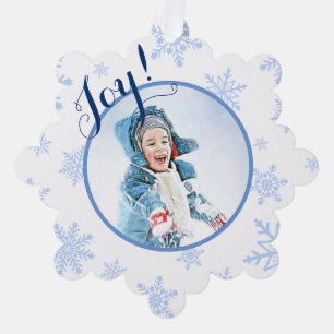 Joy! Festive Pale Blue Snowflakes Holiday Photo Tree Decoration Card