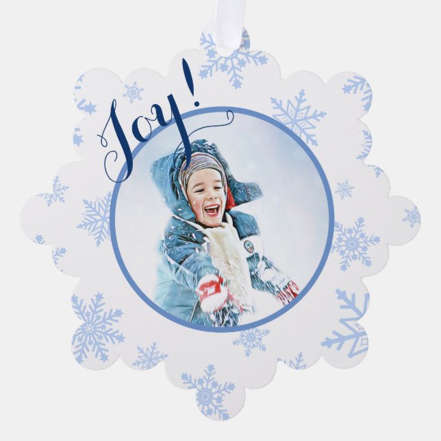 Joy! Festive Pale Blue Snowflakes Holiday Photo Tree Decoration Card (Front)