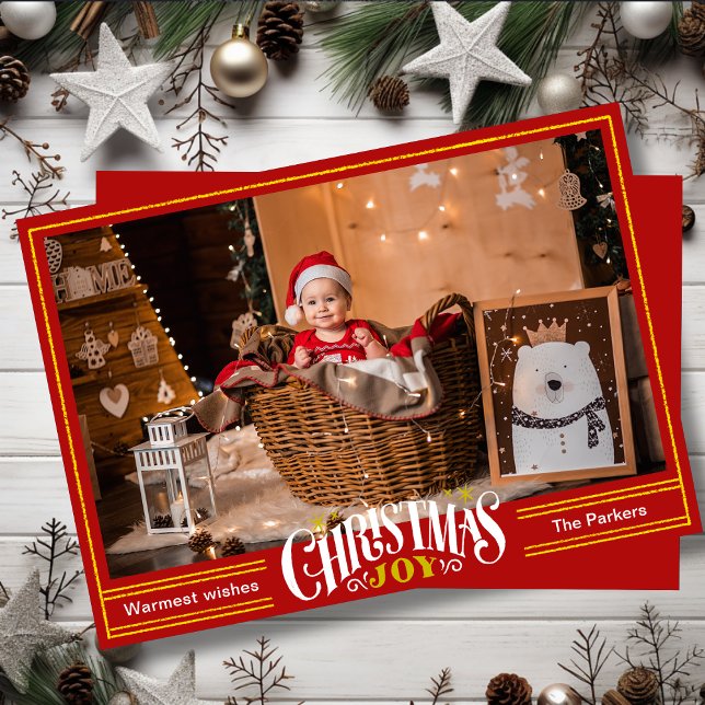 JOY Festive Red Gold Script Simple Photo Christmas Holiday Card (Creator Uploaded)