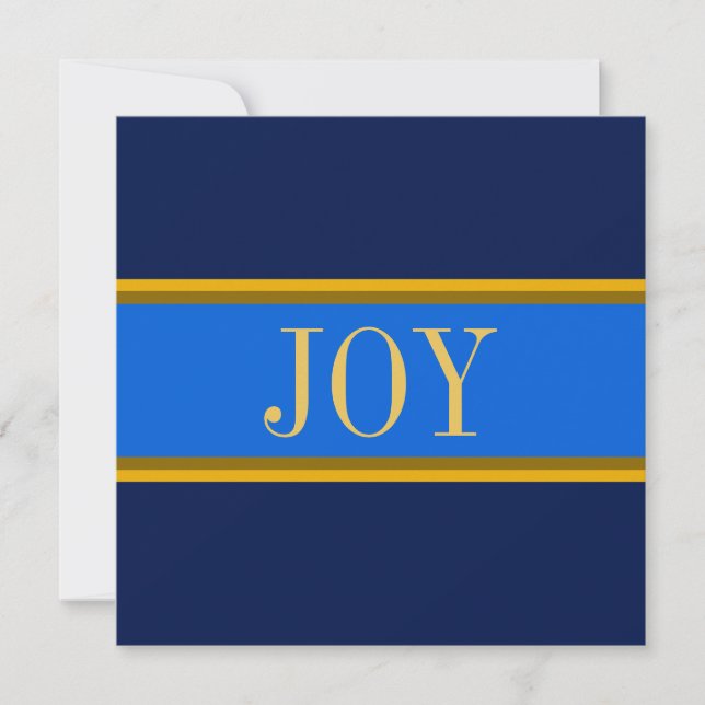 JOY Festive Royal Navy Blue Golden Yellow Stripes Holiday Card (Front)