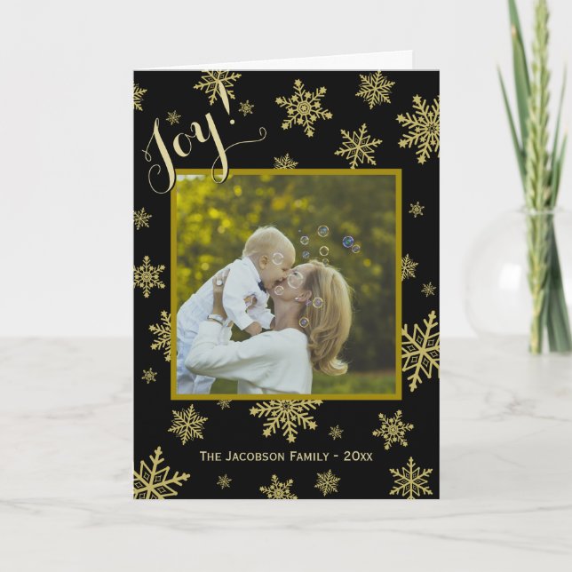 Joy Festive Snowflakes Black and Gold Non-Specific Holiday Card (Front)