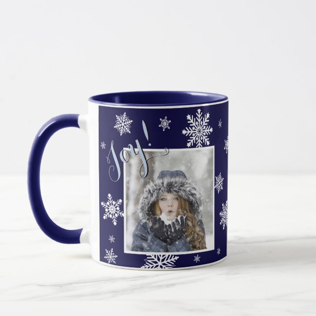 Joy! Festive White Snowflake Photo Frame Navy Blue Mug (Left)