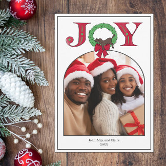 Joy Festive Wreath Cute Dog Classic Year in Review Holiday Card