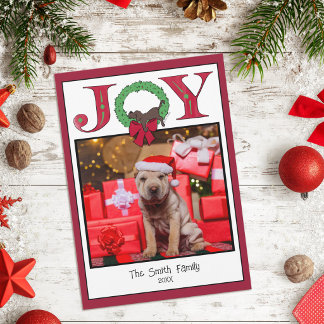 Joy Festive Wreath Sleepy Puppy Cute Simple Red Holiday Card