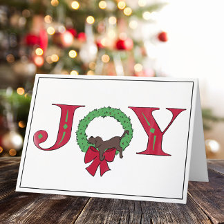 Joy Festive Wreath Sleepy Puppy Simple Classic Holiday Card