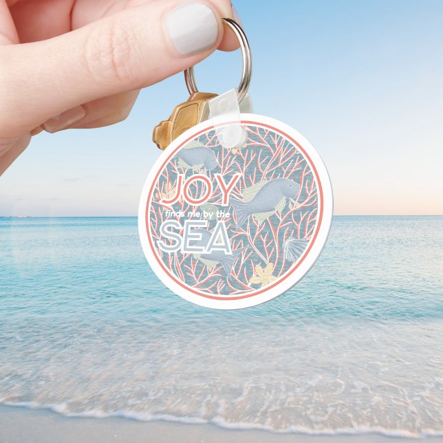 Joy Finds Me By The Sea – Boho Beach  Key Ring (Modern Coastal "Joy Finds Me By The Sea" Personalized Keychain)