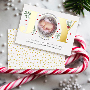 Joy First Christmas baby birth announcement gold