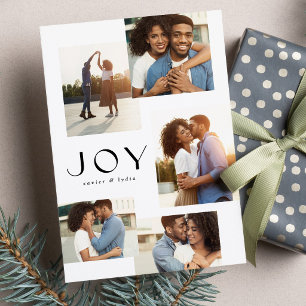 Joy five photo collage black and white Christmas Holiday Card