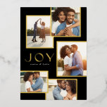 Joy five photo collage gold frames Christmas Foil Holiday Card<br><div class="desc">This five photo holiday card is a perfect way to spread joy this season. Great for families, couples and more, this collage Christmas card design allows you to show off highlights of the year, the best of a photo session or favourite vacation snaps. The variety of photo shapes framed in...</div>