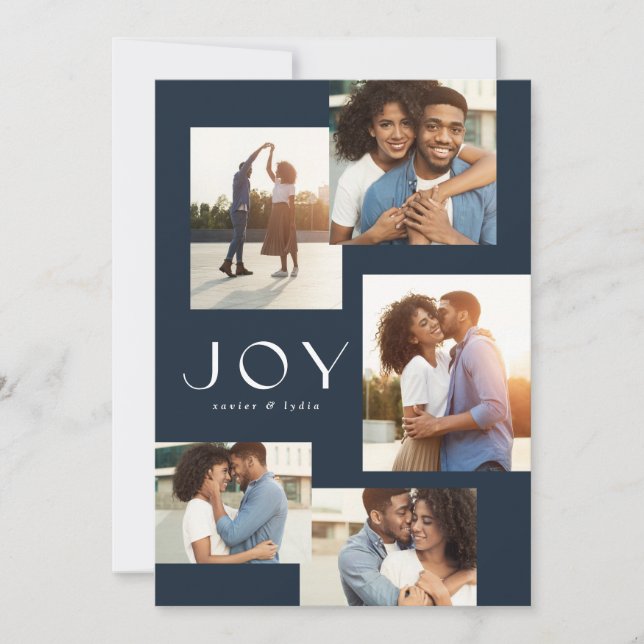 Joy five photo collage modern navy Christmas Holiday Card (Front)