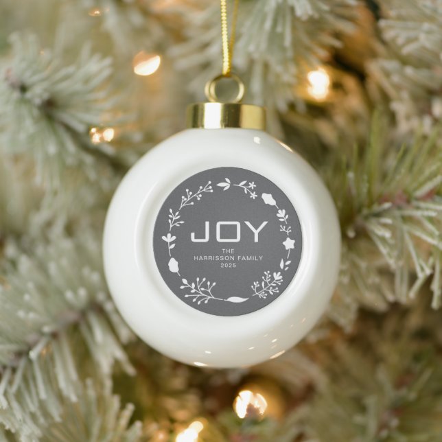 Joy Floral Christmas Wreath Family Custom Name Ceramic Ball Christmas Ornament (Tree)