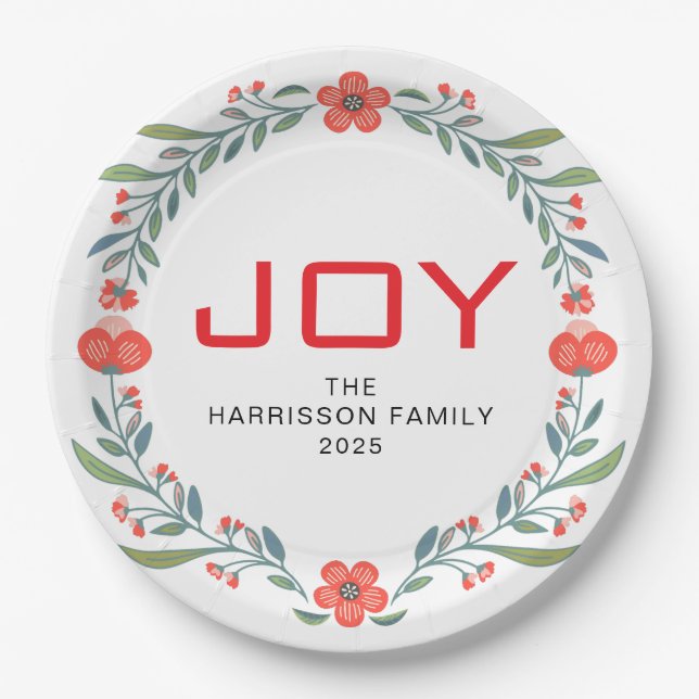 Joy Floral Christmas Wreath Family Custom Name Paper Plate (Front)