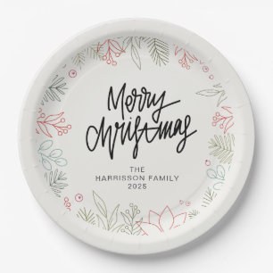 Joy Floral Christmas Wreath Family Custom Name Paper Plate