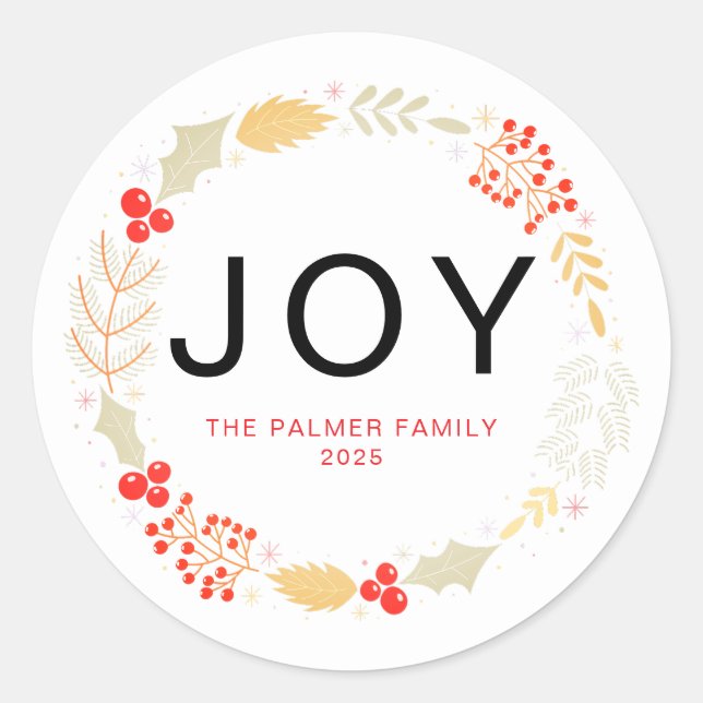 Joy - Floral Christmas Wreath Family Name Classic Round Sticker (Front)