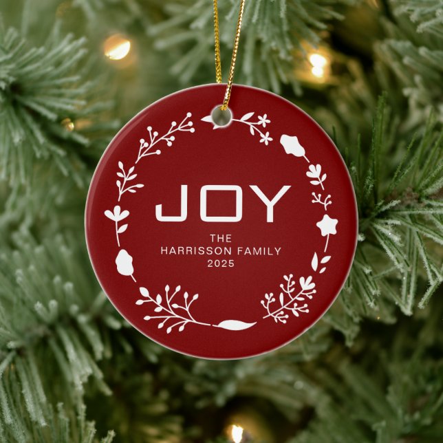 Joy Floral Christmas Wreath Family Name Photo Ceramic Ornament (Tree)