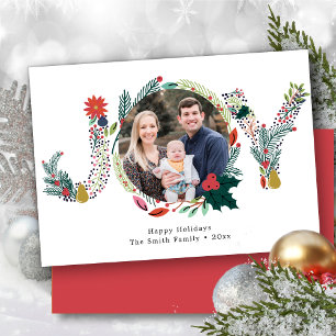 JOY Floral Red Poinsettia Pine Bough Wreath Photo Holiday Card