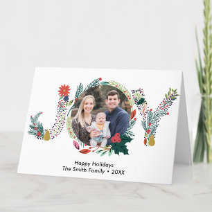 JOY Floral Red Poinsettia Pine Bough Wreath Photo Holiday Card