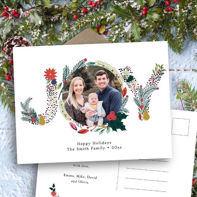 JOY Floral Red Poinsettia Pine Bough Wreath Photo Postcard (Creator Uploaded)