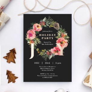 Joy Floral Wreath Black Christmas Party Foil Holiday Card