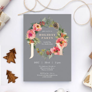 Joy Floral Wreath Gray Christmas Party Foil Holiday Card