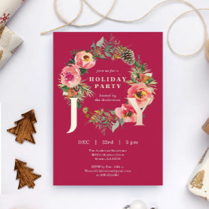 Joy Floral Wreath Red Christmas Party Foil Holiday Card