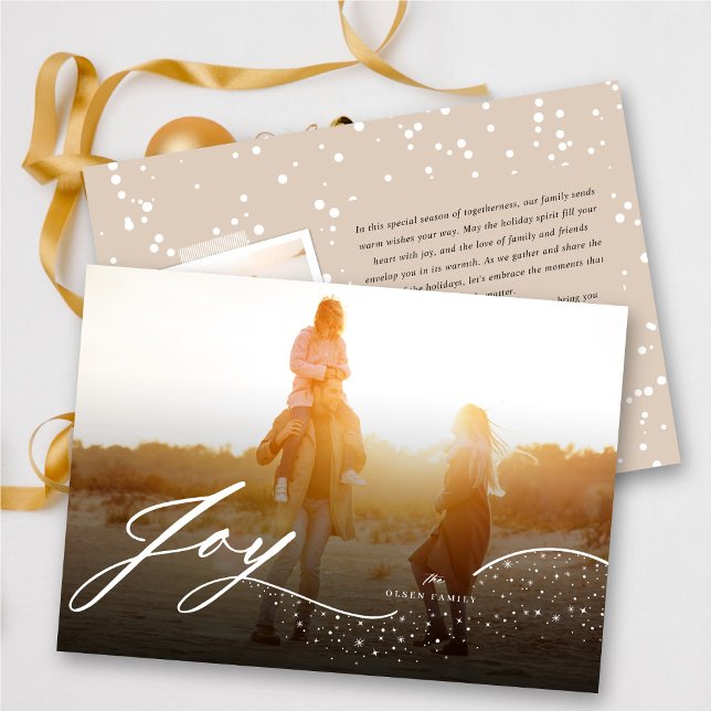 Joy Flowing White Script & Sparkles Stylish Photo Holiday Card (Creator Uploaded)