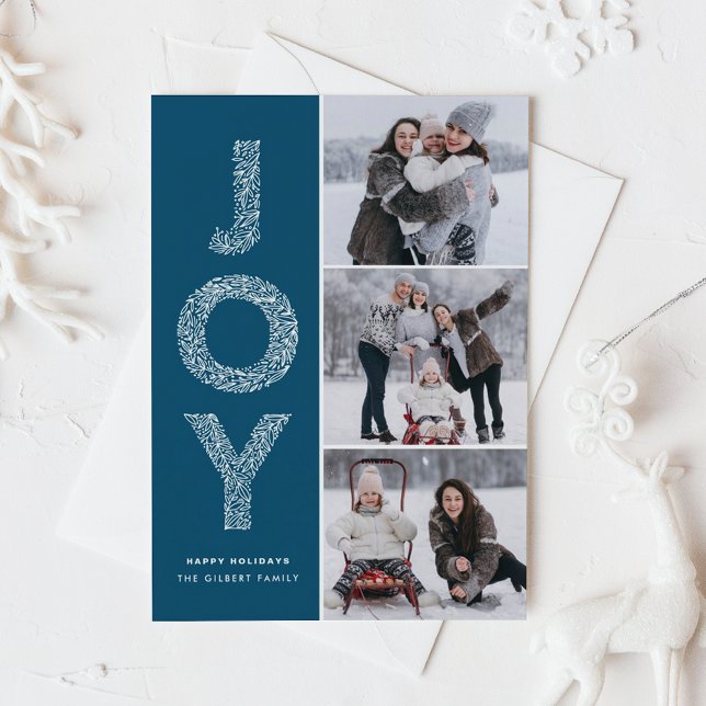 JOY Foliage Lettering Blue Photo Collage Holiday Card (JOY Foliage Lettering Blue Three Photo Collage Holiday Card)