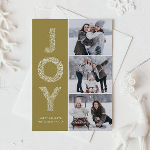 JOY Foliage Lettering Gold Photo Collage Holiday Card