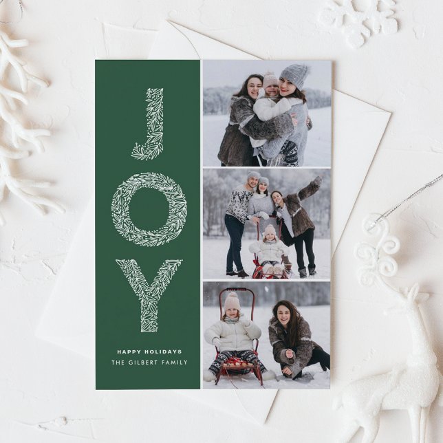 JOY Foliage Lettering Green Photo Collage Holiday Card (JOY Foliage Lettering Green Photo Collage Holiday Card)