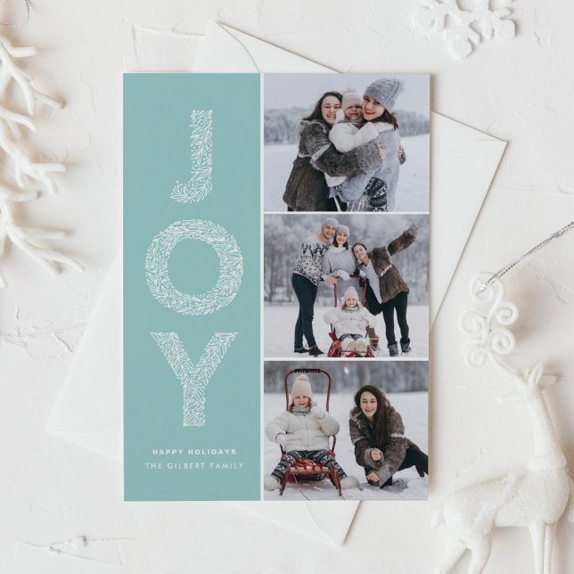 JOY Foliage Lettering Light Blue Photo Collage Holiday Card (Creator Uploaded)