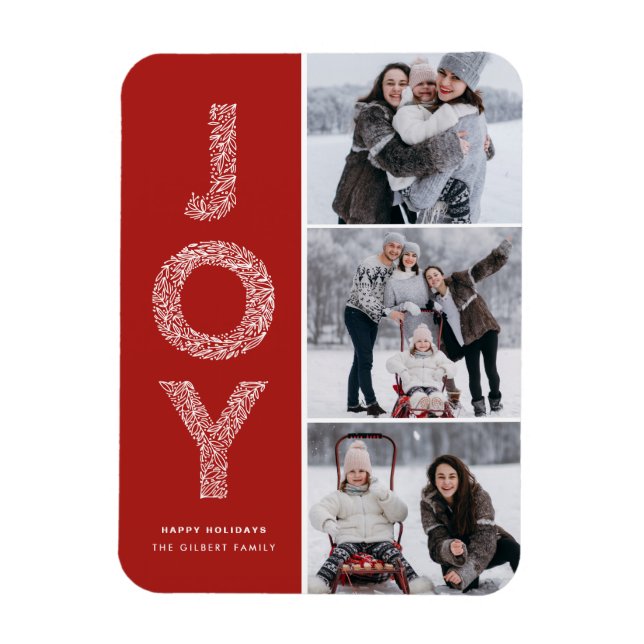 JOY Foliage Lettering Red Photo Collage Magnet (Vertical)