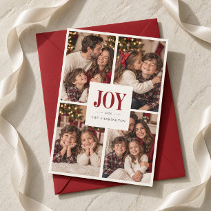 Joy Four Photo Collage Red Family Christmas Card