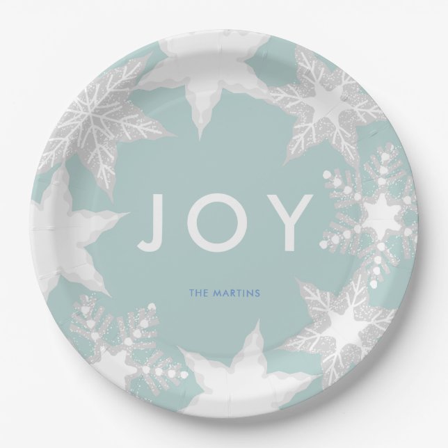 JOY Frosted Snowflakes Blue Paper Plate (Front)