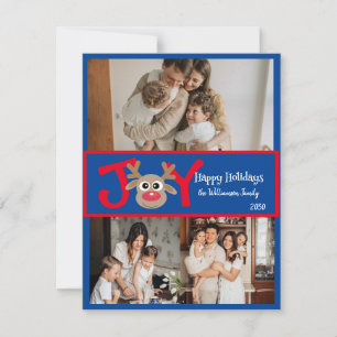 JOY Fun Cute 3 Photo Cartoon Reindeer Red Blue Holiday Card
