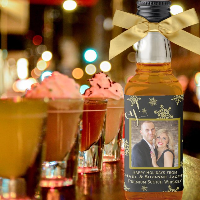 Joy! Fun Golden Snowflakes with Photo Holiday Mini Liquor Bottle Label (In Situ with Bow)